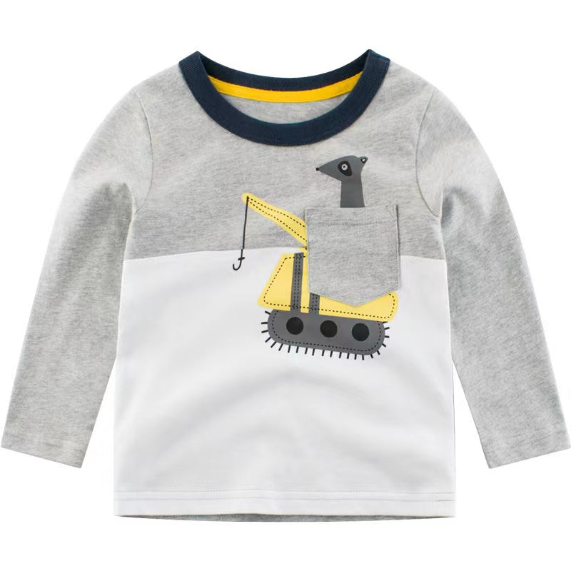 Baby Boy Cartoon Excavator &amp; Animal Pattern Contrast Design Shirt-0