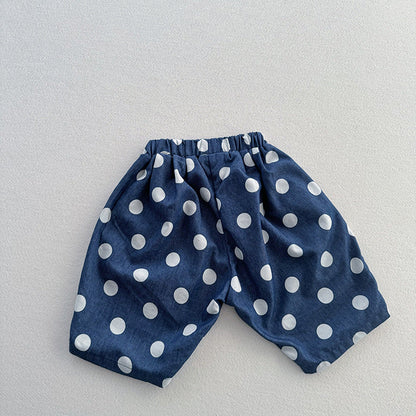 Summer New Arrival Casual Unisex Blue Denim Polka Dots Thin Shorts-0