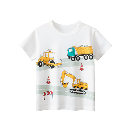 Construction Vehicles Printing Boys T-Shirt In European And American Style For Summer-0