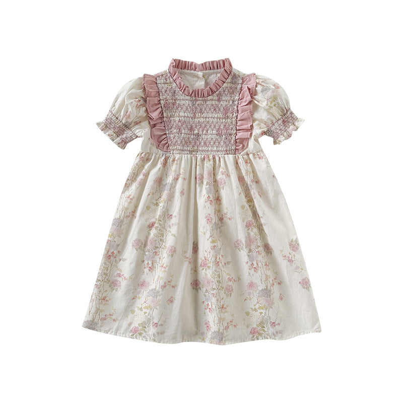 Summer Baby Kids Girls Short Sleeves Ruffle Neck Pink Floral Dress-4