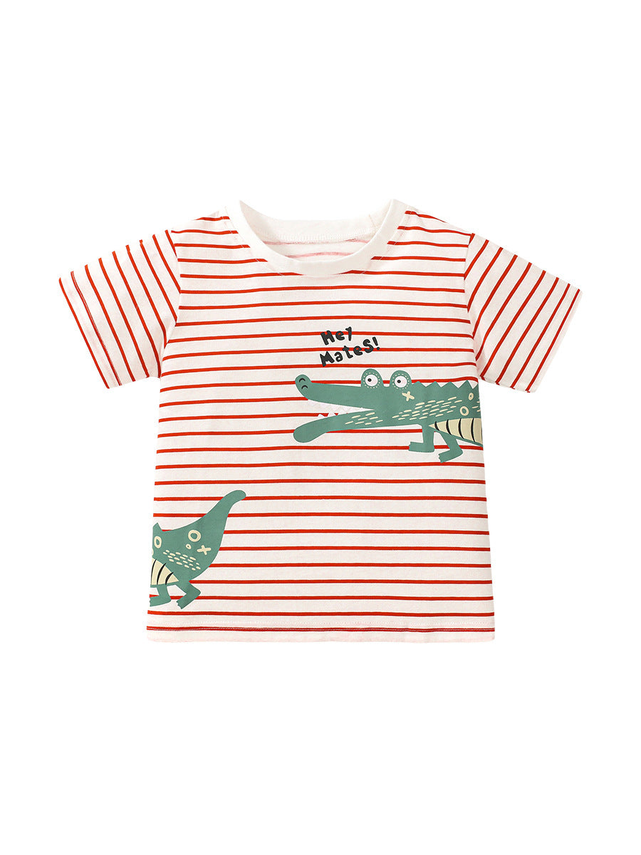 Alligator Cartoon Printing Unisex Kids Striped T-Shirt In European And American Style For Summer-1