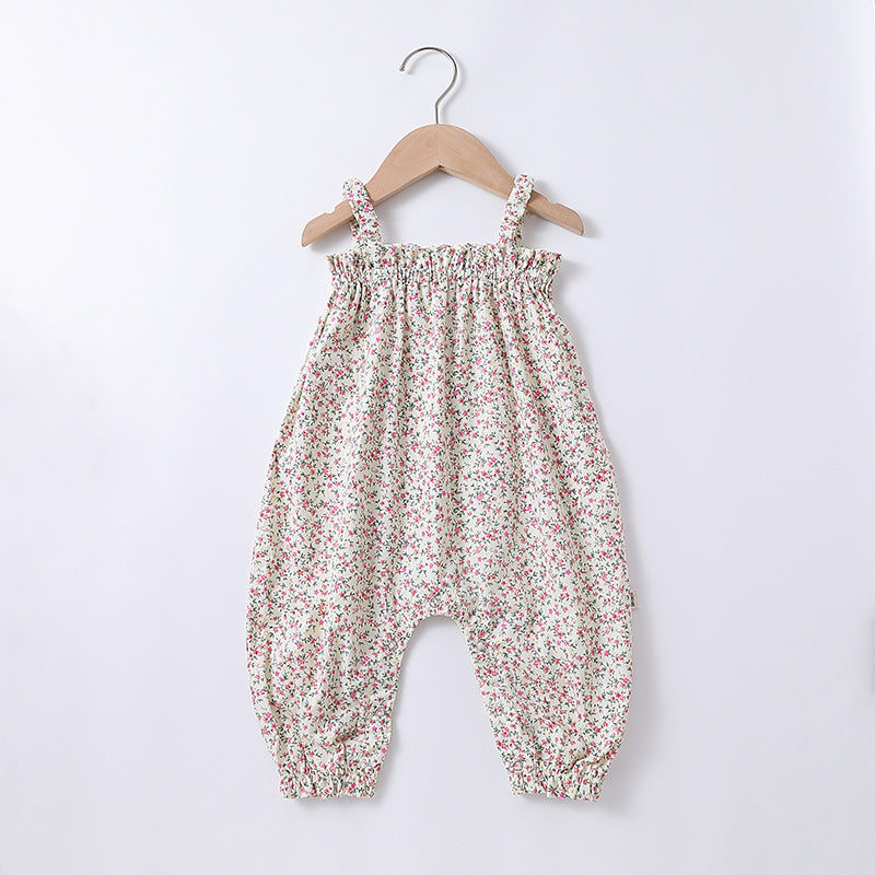 Summer Baby Girls Floral Printing Sleeveless Strap Romper And Hat Clothing Sets-4