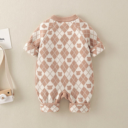 Geometric Pattern Cartoon Bear Patched Design Romper-3