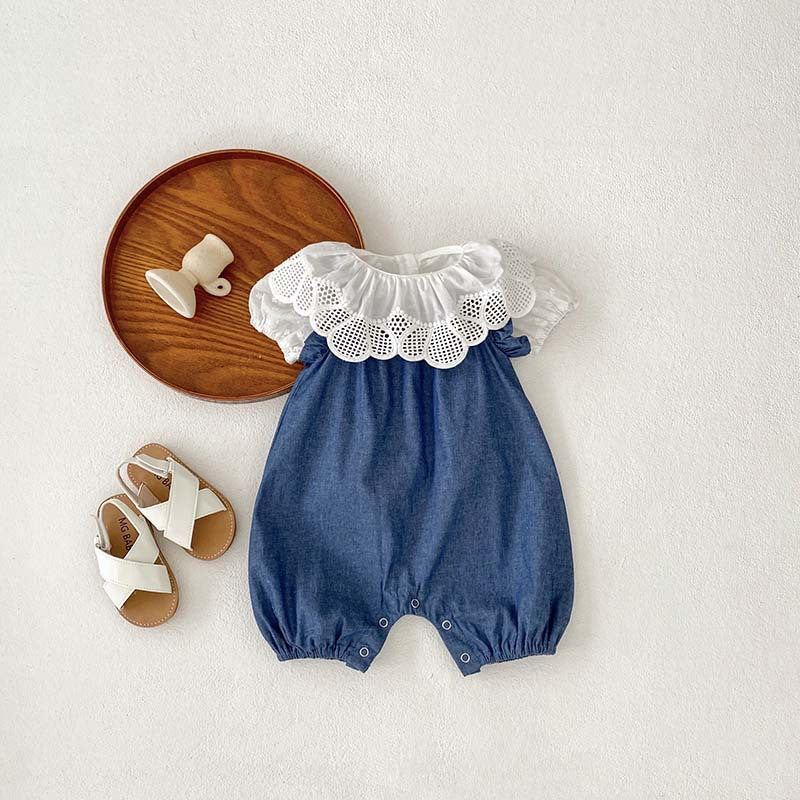 Baby Girl Solid Color Ruffle Design Denim Sleeveless Strap Bodysuit Onesies-4