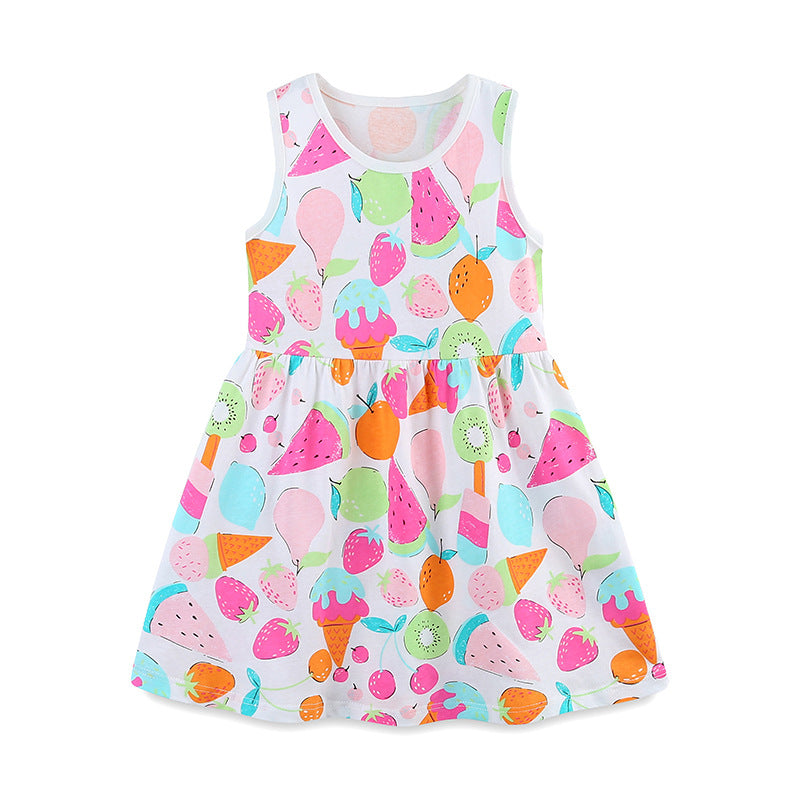 Summer New Arrival Girls’ Colorful Fruits Pattern Print Sleeveless Dress-0