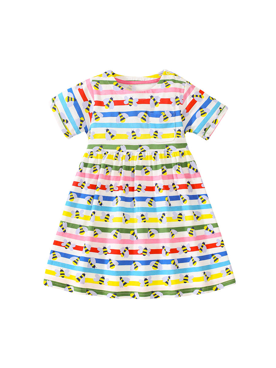 Baby Girls Rainbow Striped Short Sleeves Bees Pattern Dress-0