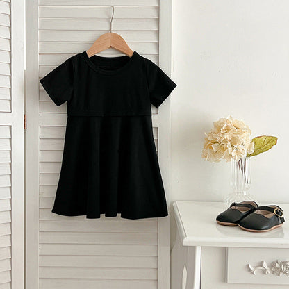 Summer Hot Selling Girls’ Solid Color Black Short Sleeves Slim Fit Dress-4