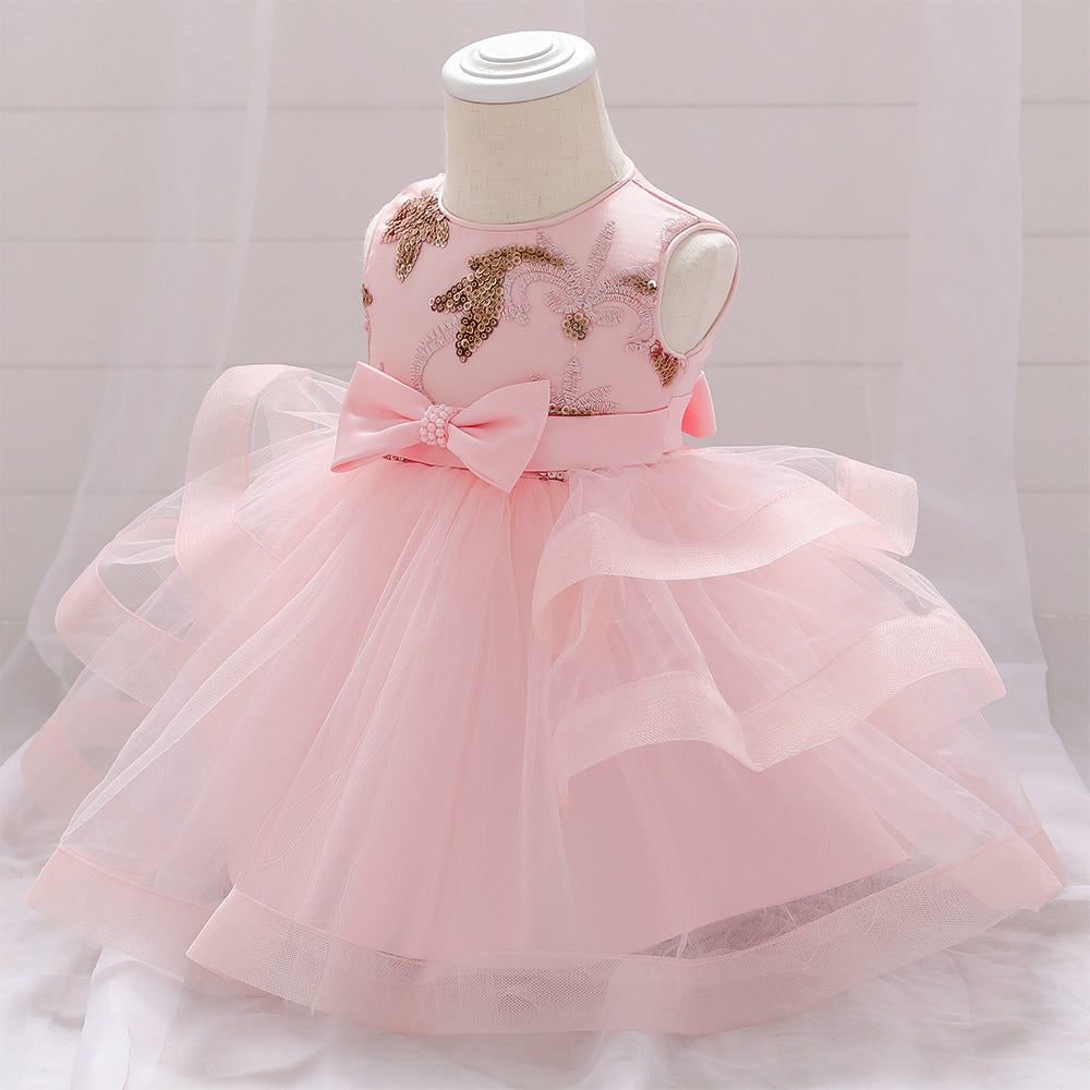 Baby Girl Sequins Patched Design Sleeveless Tutu Style Baptism Birthday Dress-3