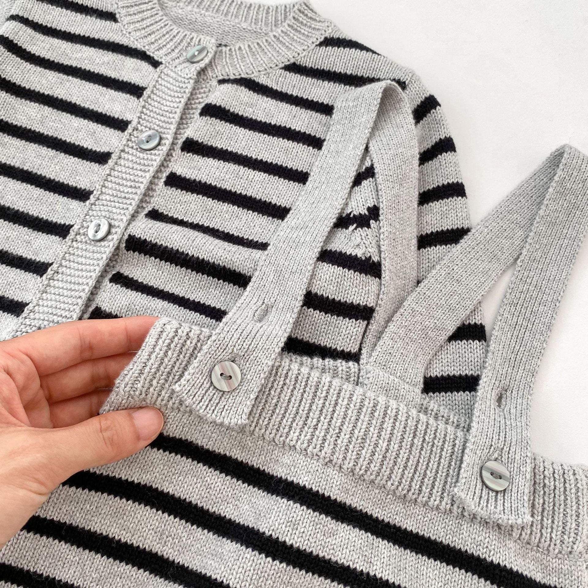 Autumn Striped Pattern Knitted Overalls Combo Cardigan Sets-3