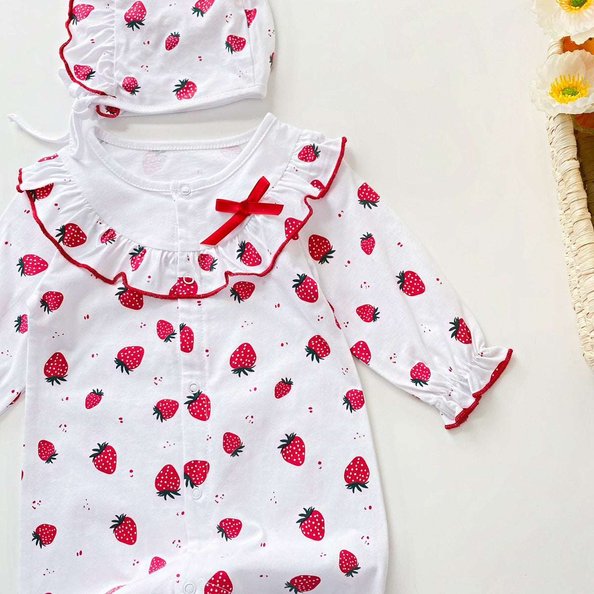 Baby Girl Allover Strawberries Pattern Ruffle Design Button Front Romper-4