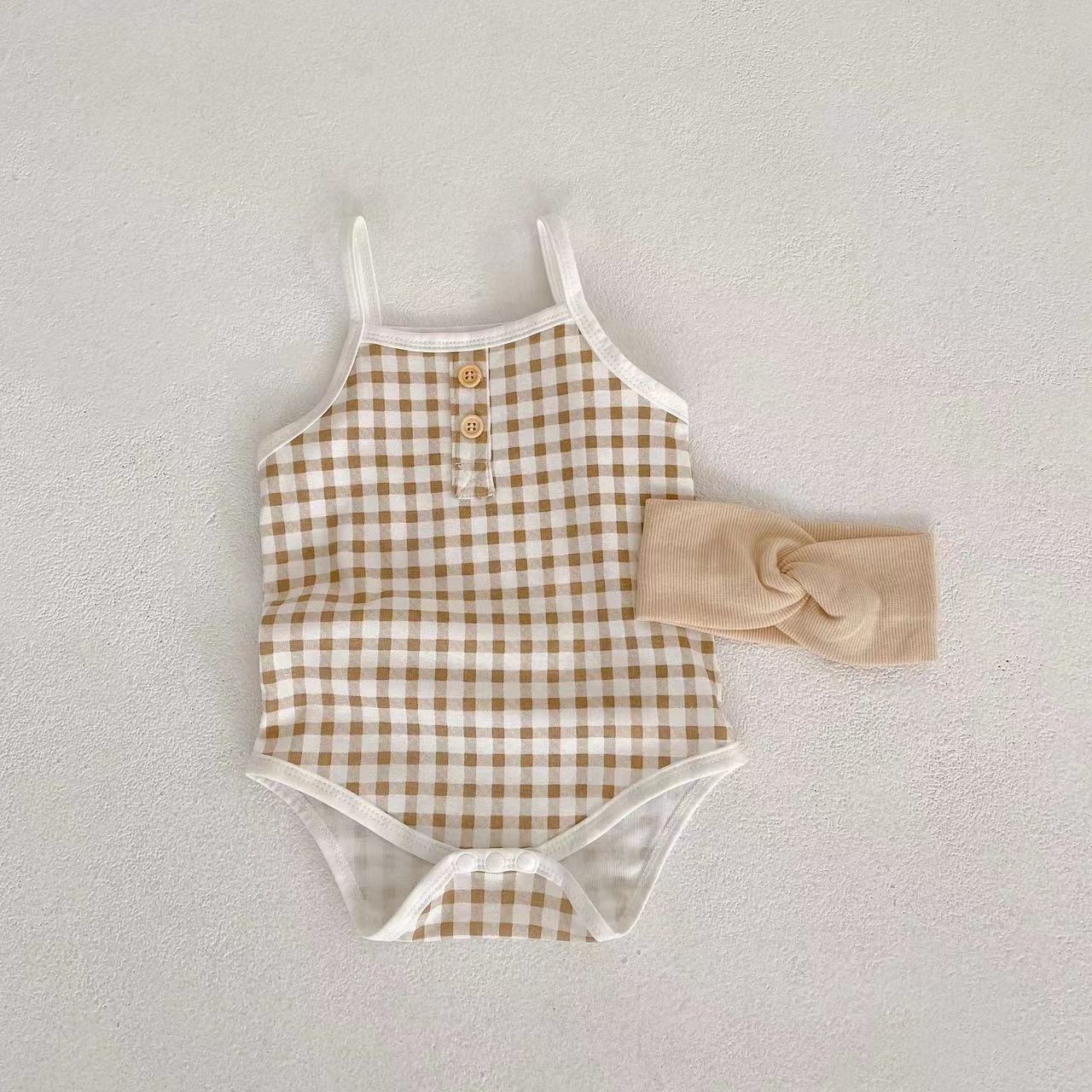 Baby Plaid Pattern Sling Colorblock Summer Onesies-3