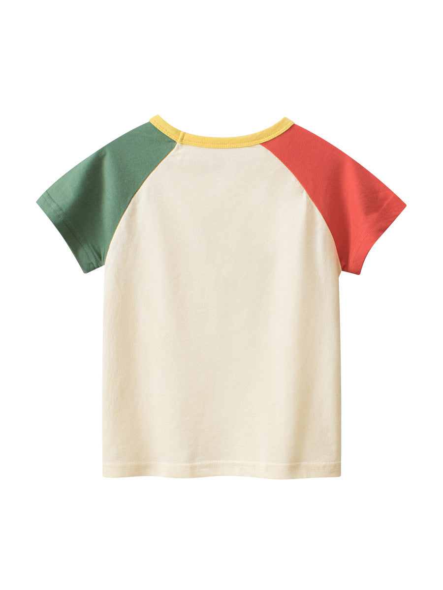 Boys’ Letters Print Color Patchwork T-Shirt In European And American Style-4