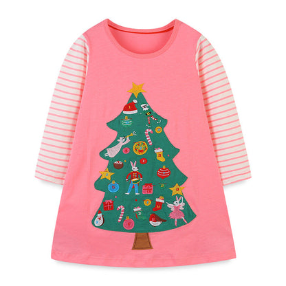 Baby Girl Cartoon Christmas Tree Pattern Striped Sleeve Design Princess Dress-0