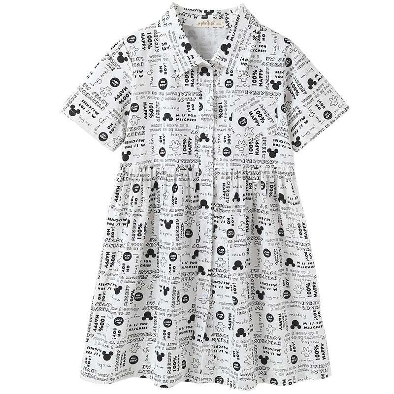 Girl Printed Pattern Single Breasted Design Polo Collar Dress-0