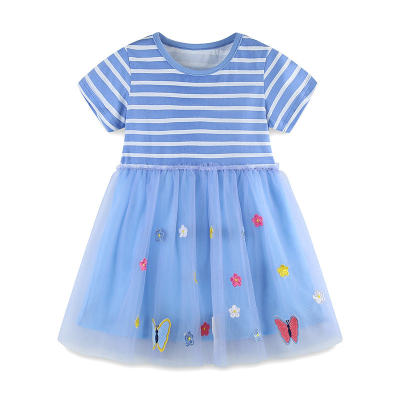 Girls Summer Striped Applique Short Sleeves Blue Mesh Design Dress-0