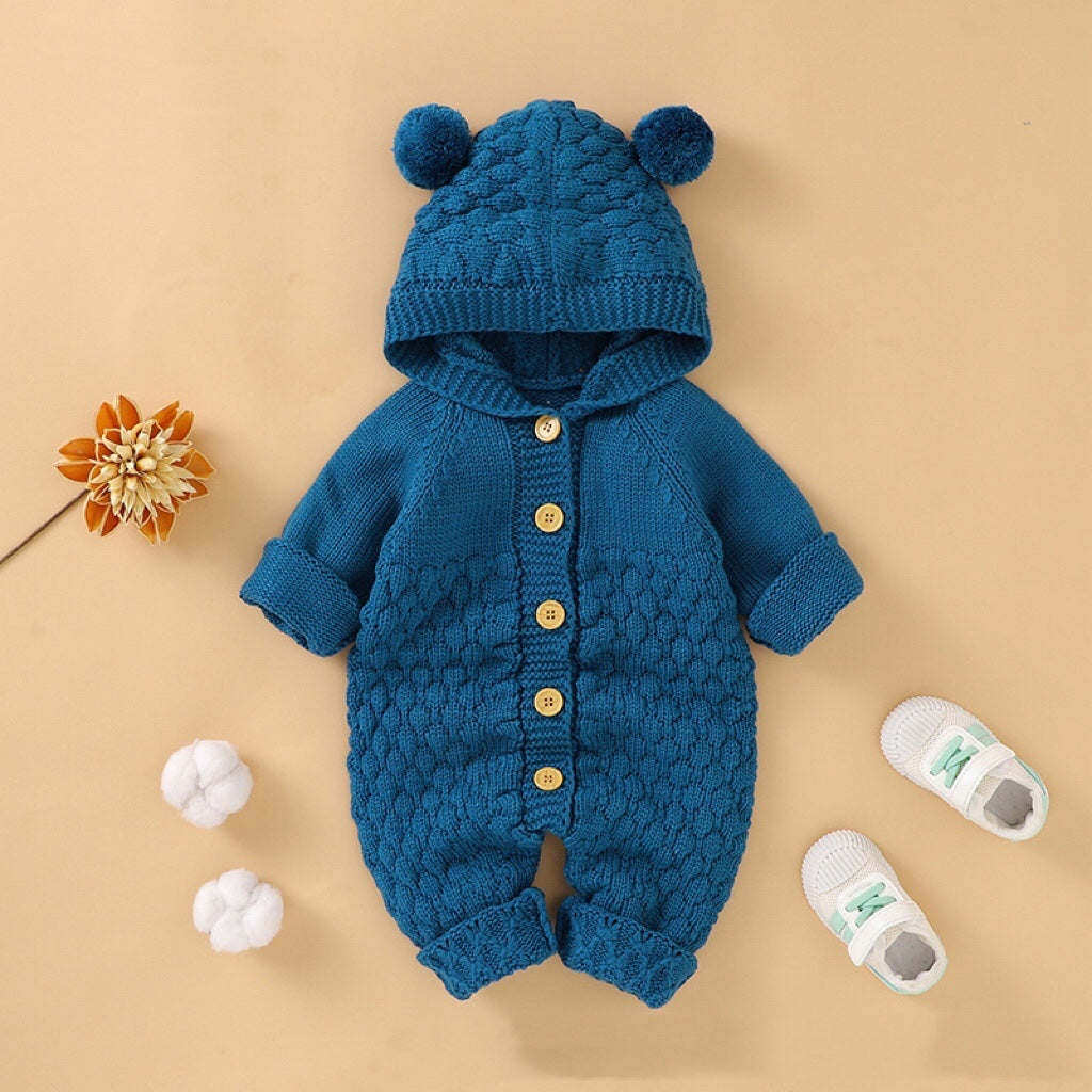 Baby 1pcs Cable Knitted Graphic Button Front Design Rompers With Hairball Patched Hat-3