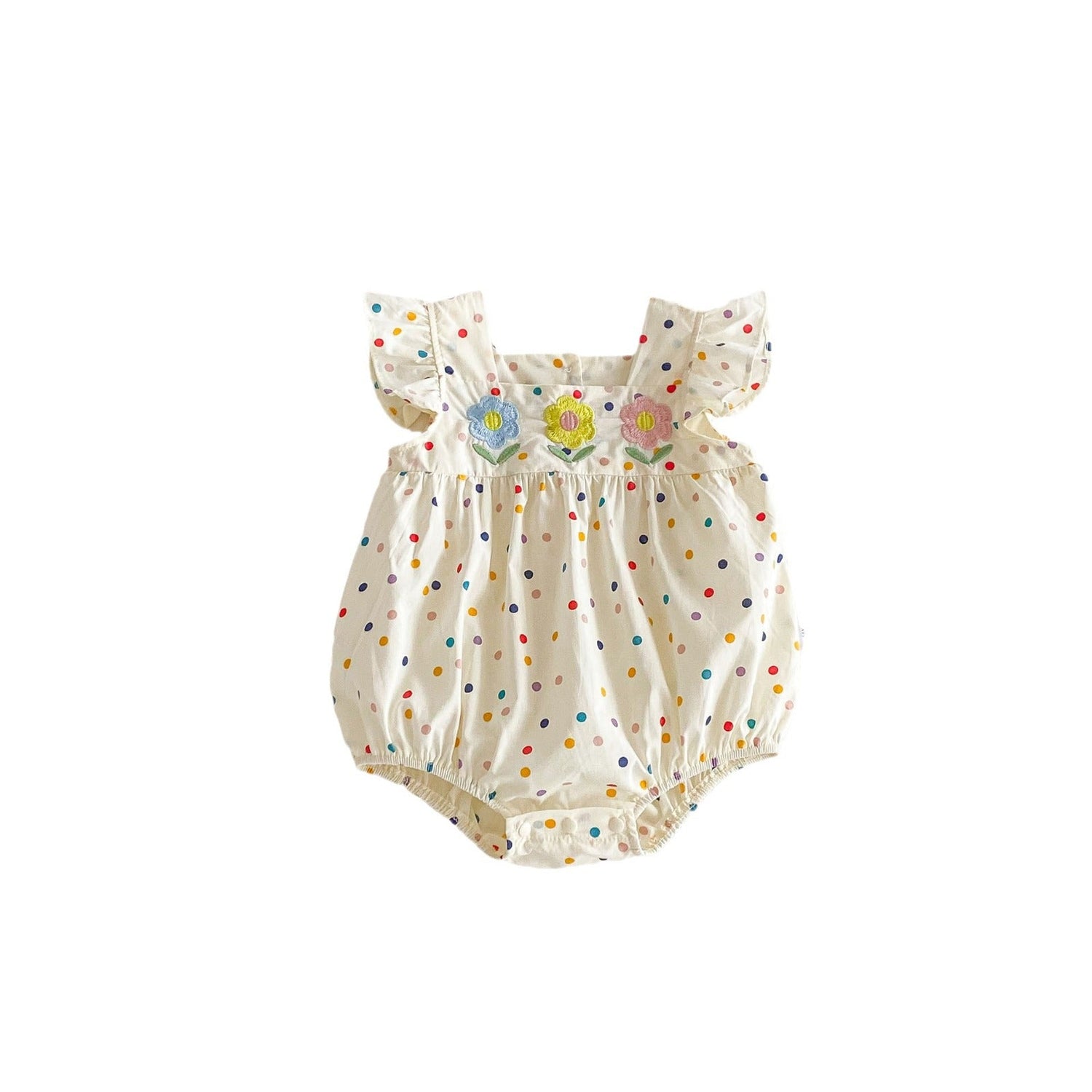 Summer New Arrival Baby Girls Fly Sleeves Colorful Dots Pattern Floral Embroidery Onesies-3