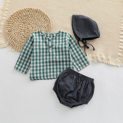 Baby Plaid Graphic Tops And Solid Shorts With Hat 1Pieces Sets-4