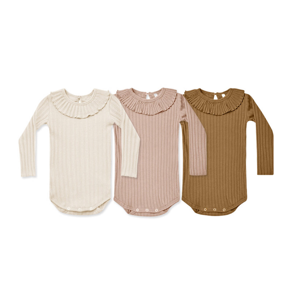 Baby Girl Solid Color Ruffle Neck Long Sleeve Knit Onesies-0