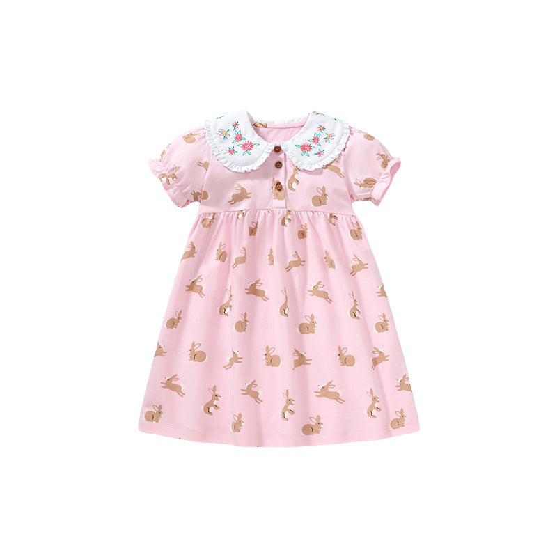 Baby Girls Peter Pan Floral Collar Short Sleeves Rabbits Pattern Dress-0