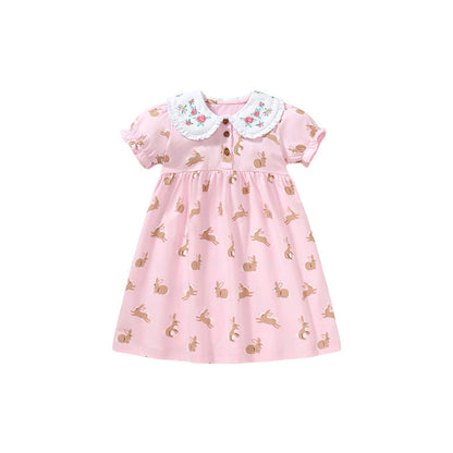 Baby Girls Peter Pan Floral Collar Short Sleeves Rabbits Pattern Dress-0