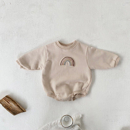 Baby 1pcs Rainbow Embroidery Pattern Solid Color Long Sleeves Soft Bodysuit-3