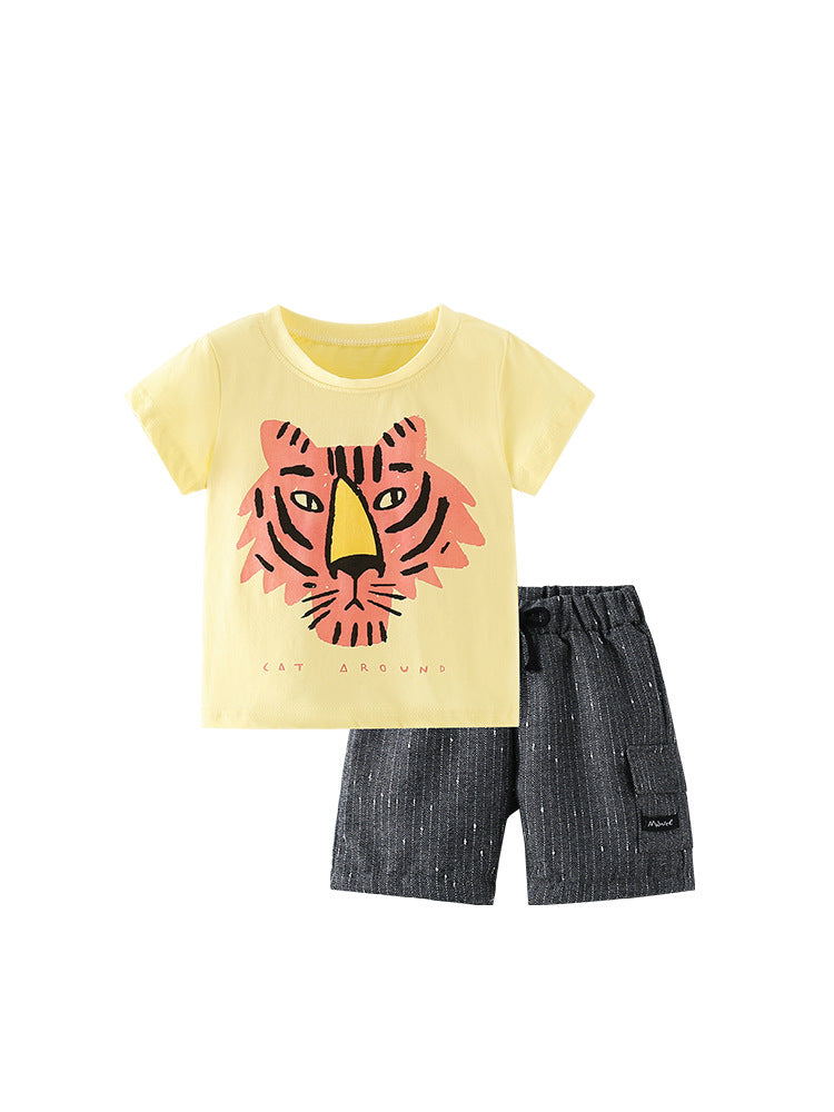 Summer Baby Kids Boys Tiger Animals Cartoon Print T-Shirt And Striped Shorts Clothing Set-0