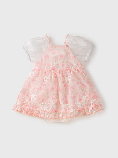 Summer New Dress Design Baby Girls Pink Flowers Pattern And Embroidery Short Sleeves Square Neck Sweet Cute Onesies-3