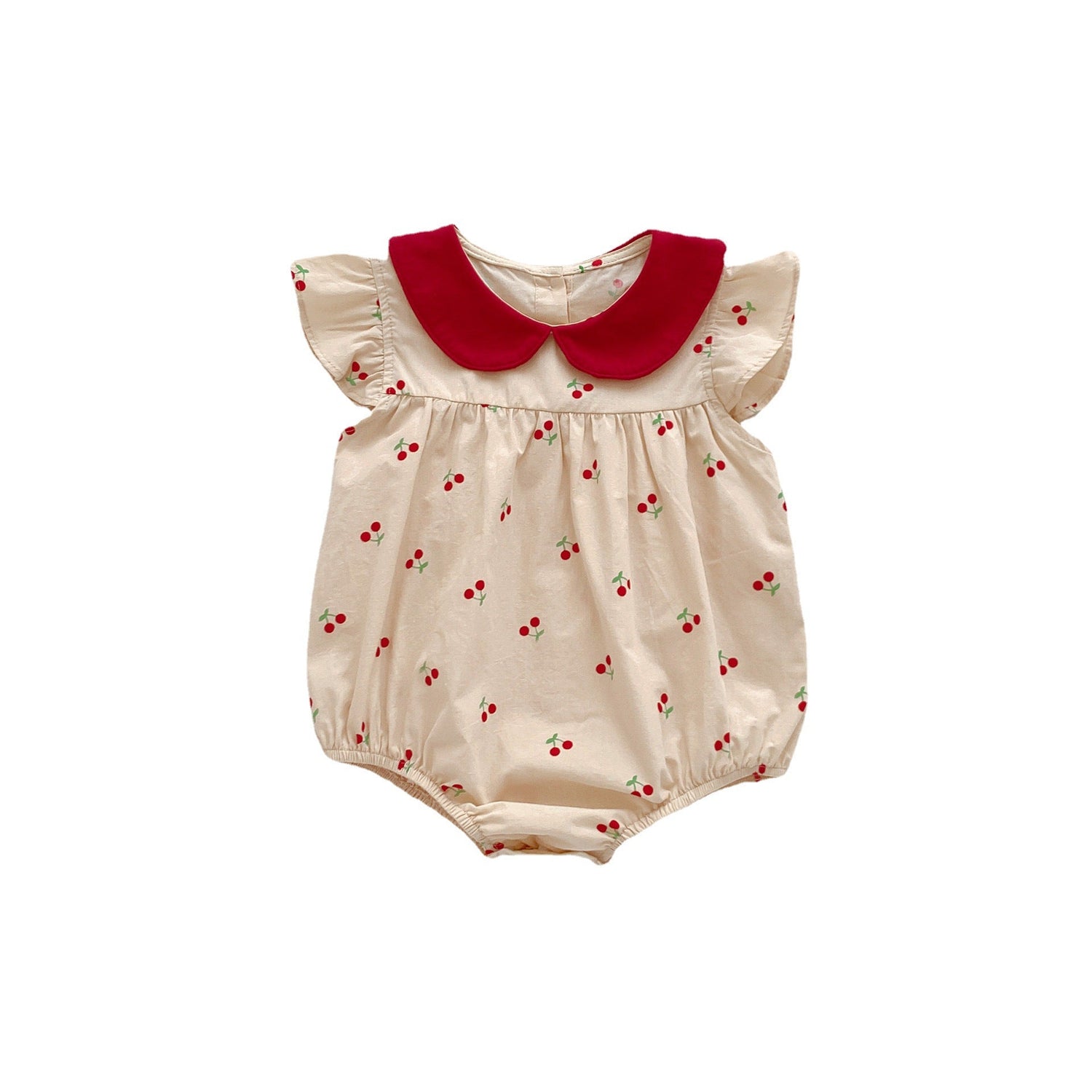 Summer Thin New Arrival Baby Girls Cherry Print Fly Sleeves Peter Pan Collar Onesies-3