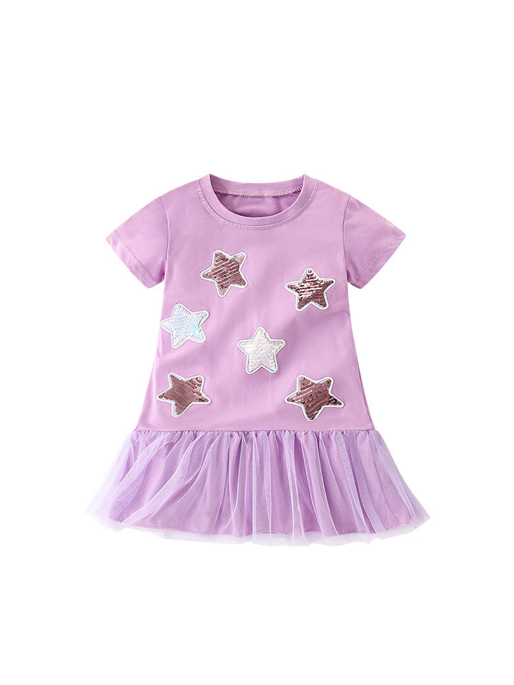 Summer New Arrival Girls’ Sequin Star Pattern Short Sleeves T-Shirt Patchwork Dress-0