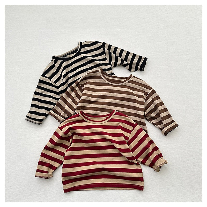 Spring Baby Kids Unisex Vintage Striped Crew Neck Long Sleeve Shirt-0