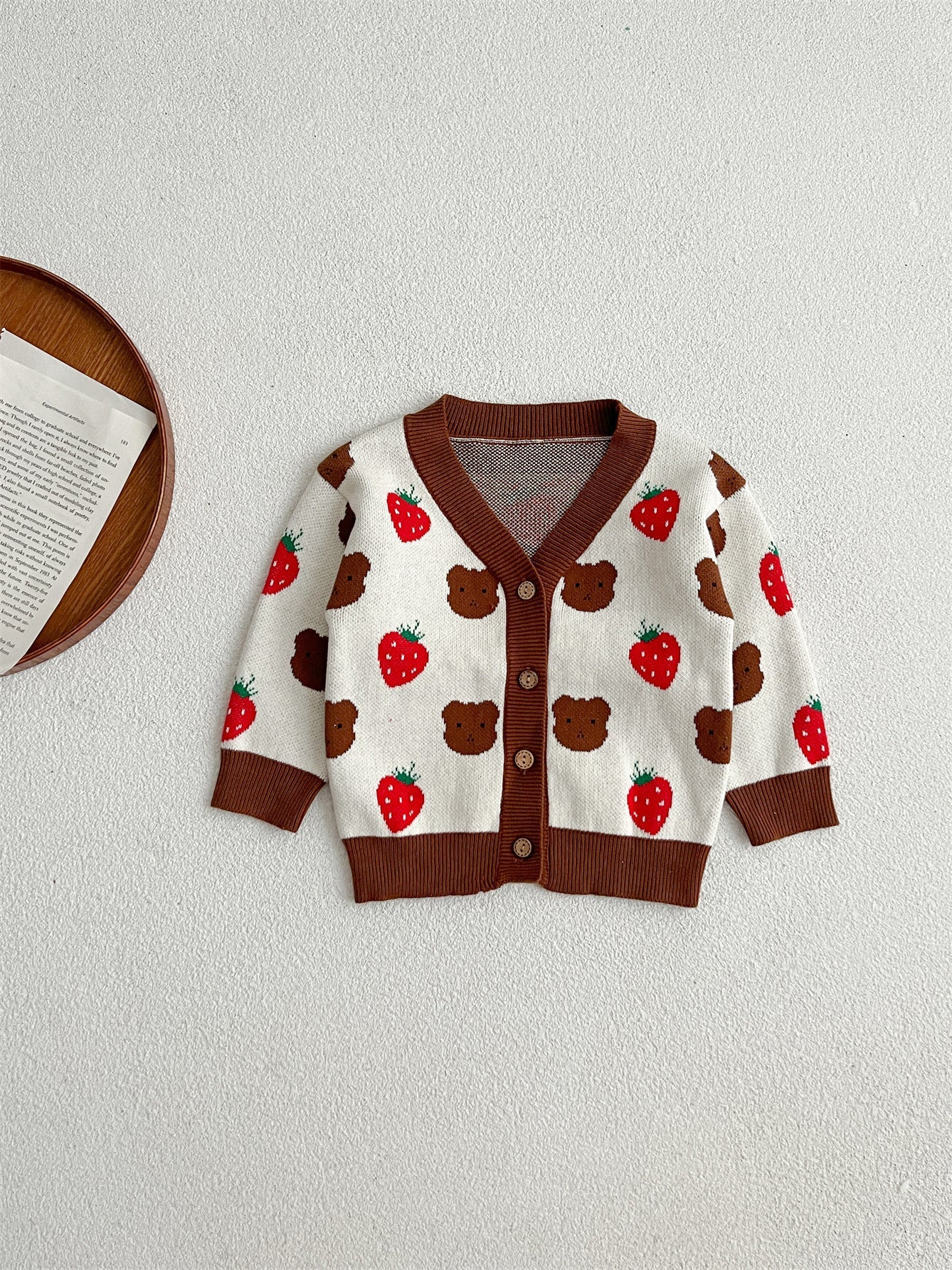 Baby Girls Cute Strawberry Combo Little Bear Head Long-Sleeved Cardigan-4