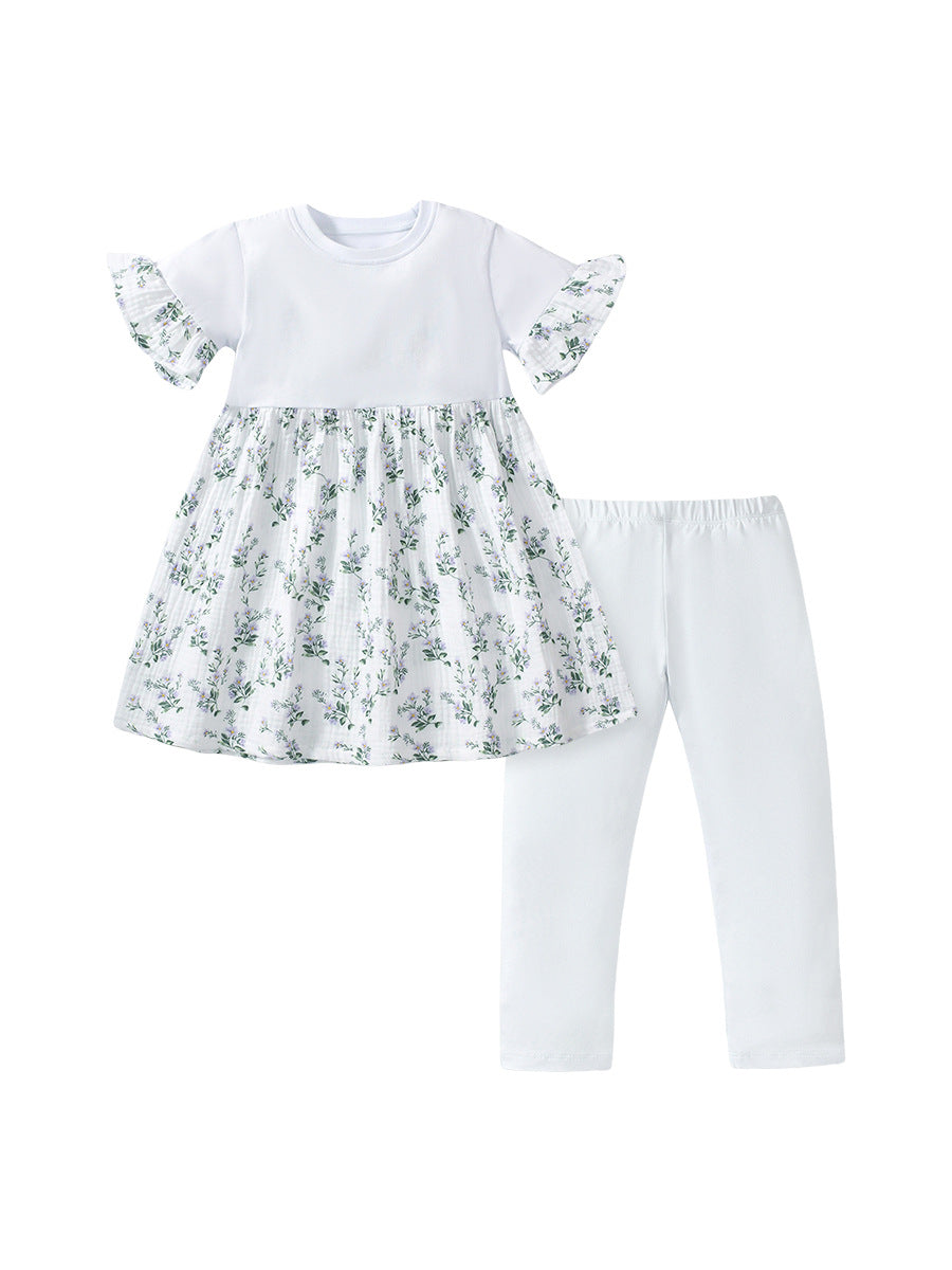 Summer Baby Kids Girls Floral Print Patchwork Dress And White Pants Clothing Set-0