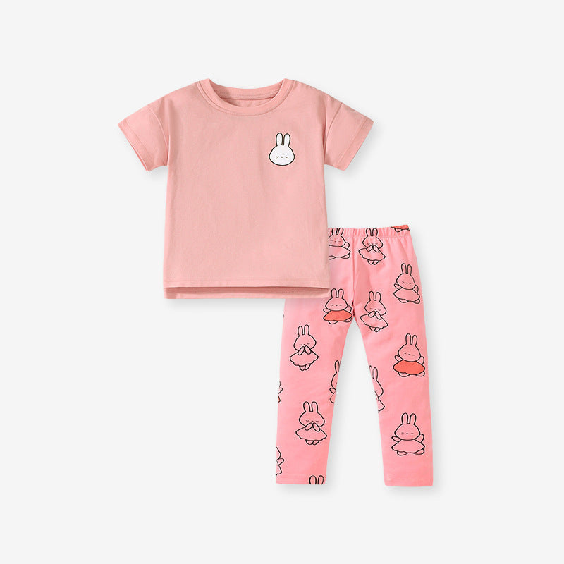 Girls Colorful Rabbits Cartoon Pink T-Shirt And Pants Set-0