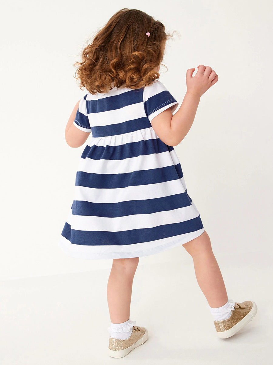 Spring And Summer Baby Girls Navy Blue Striped Floral Short Sleeves Dress-3