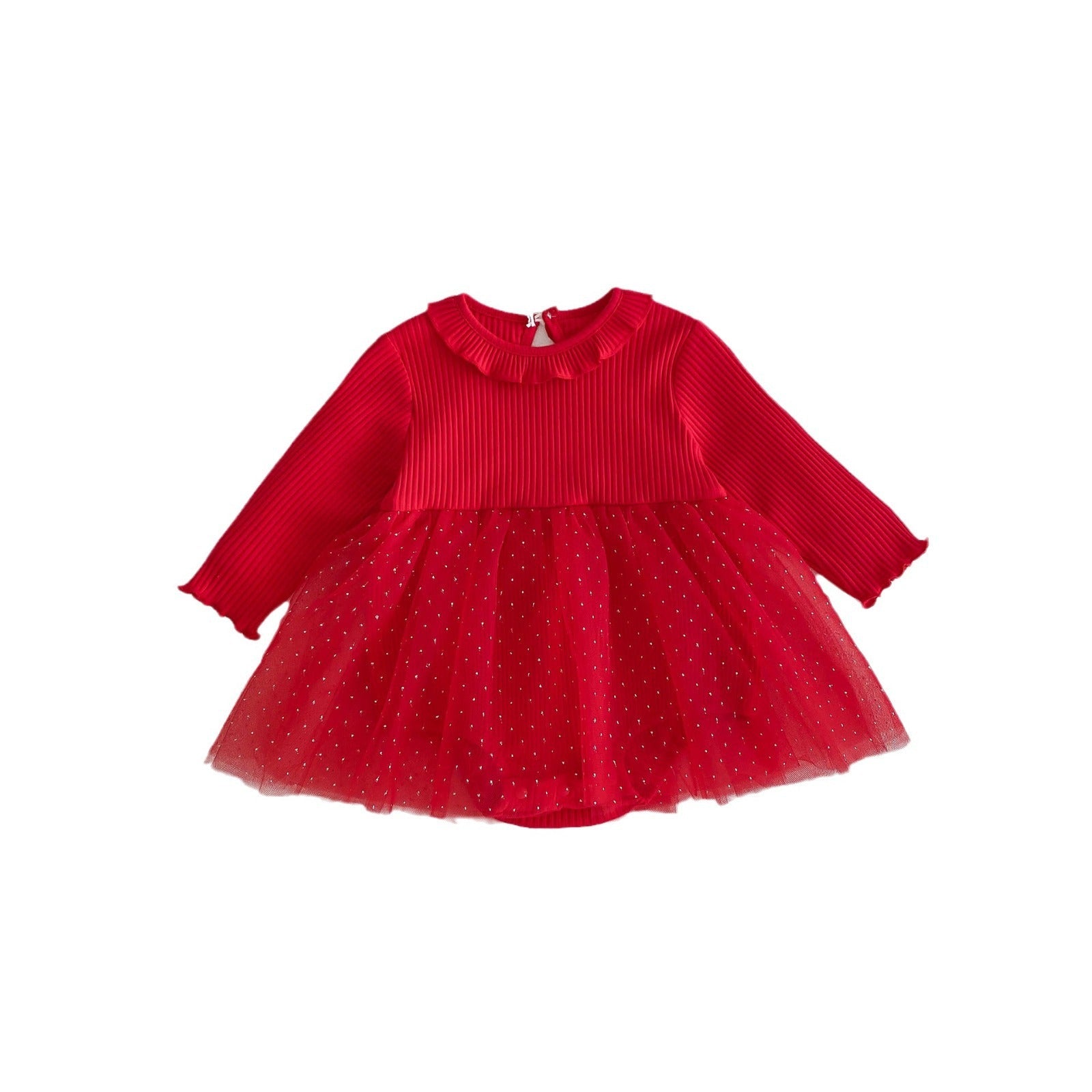 Spring New Design Baby Red Long Sleeves Mesh Onesie Dress For Girls-3