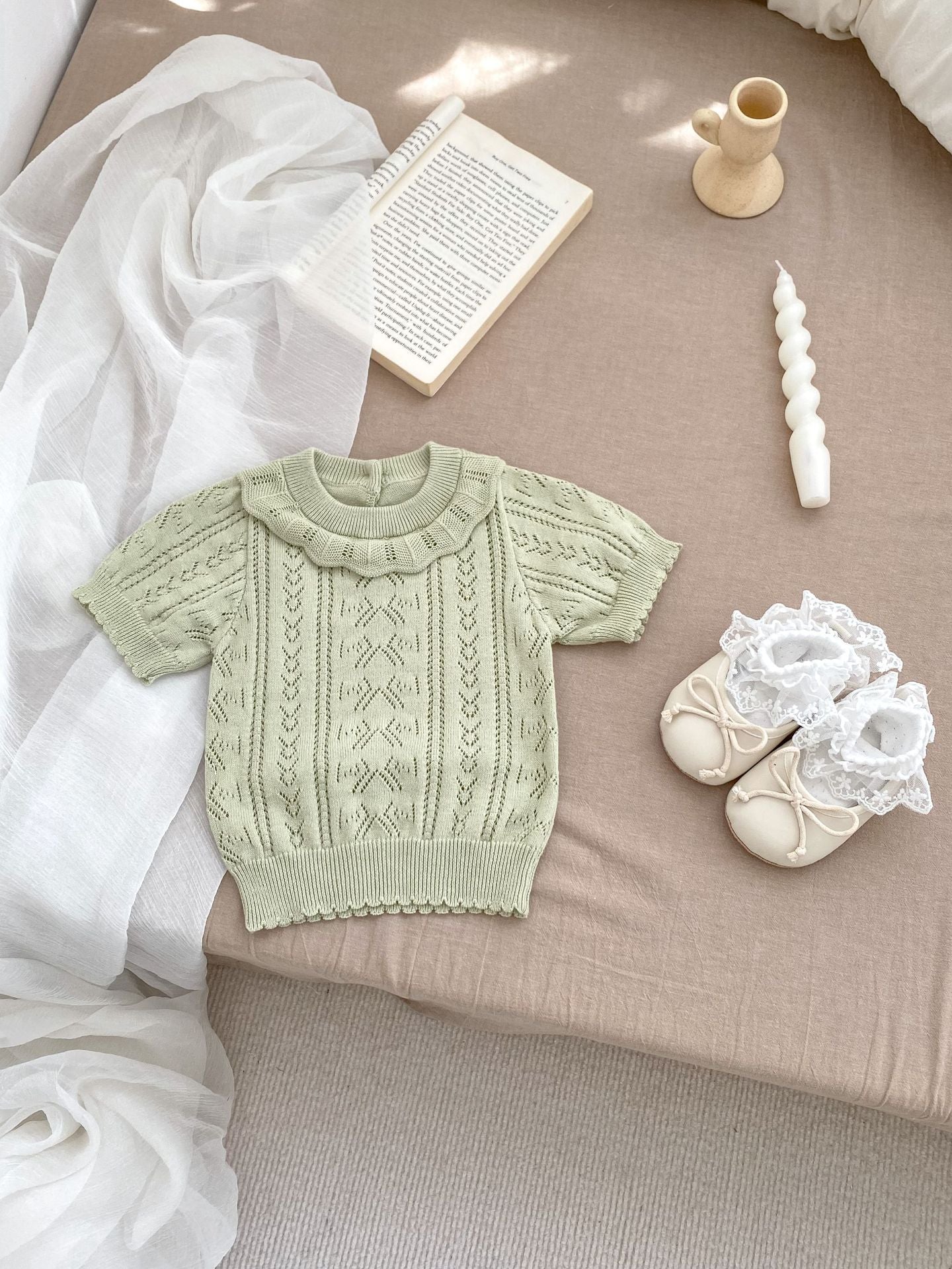 Summer Baby Kids Girls Hollow Out Knitting Pattern Pullover Top And Bloomers Casual Clothing Set-4