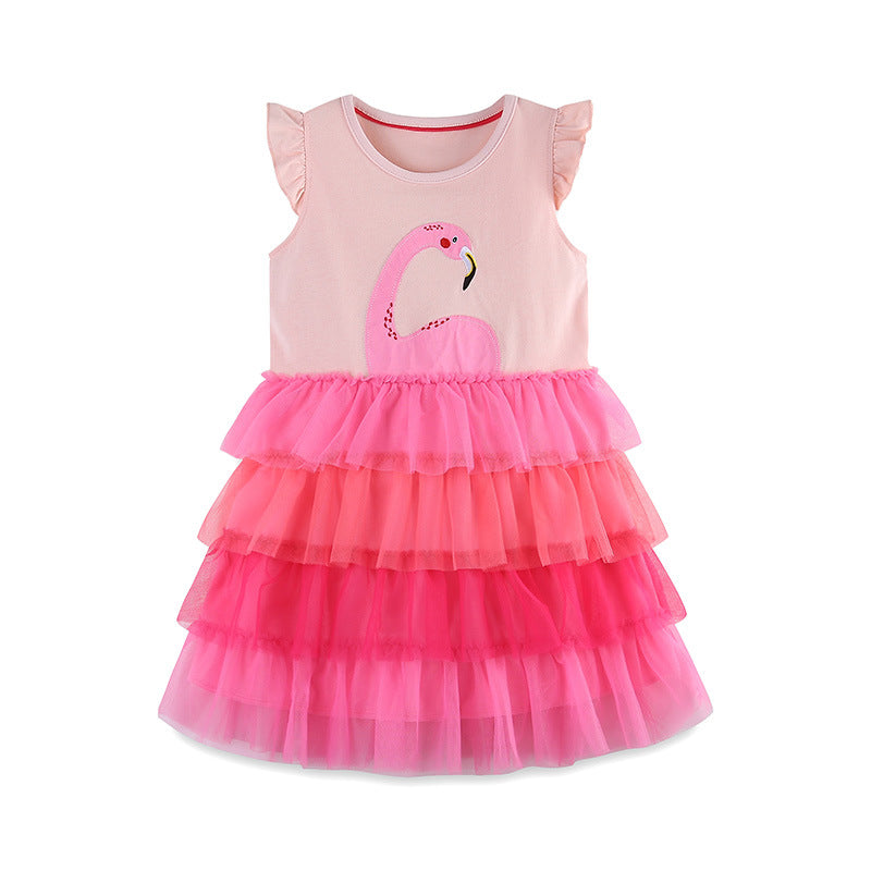 Girls Summer Cartoon Applique Sleeveless Gradient Mesh Design Dress-0