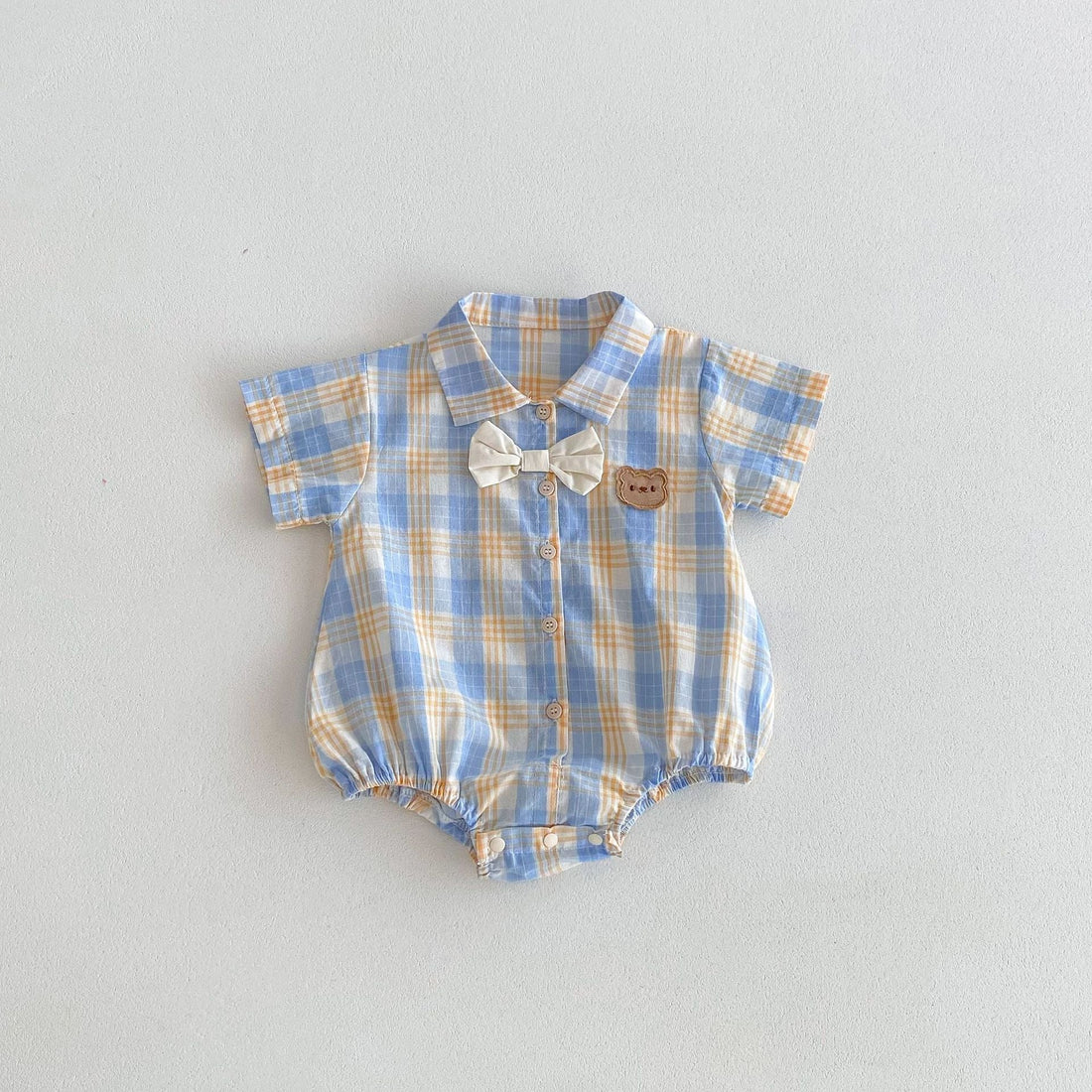 Summer Boys And Girls Yellow-Blue Plaid Teddy Pattern Onesies – Brother And Sister Matching Set-1