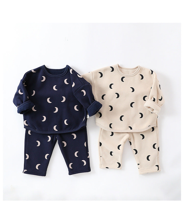 Unisex Baby Moon Print Round Collar Top Combo Long Pants In Sets-0