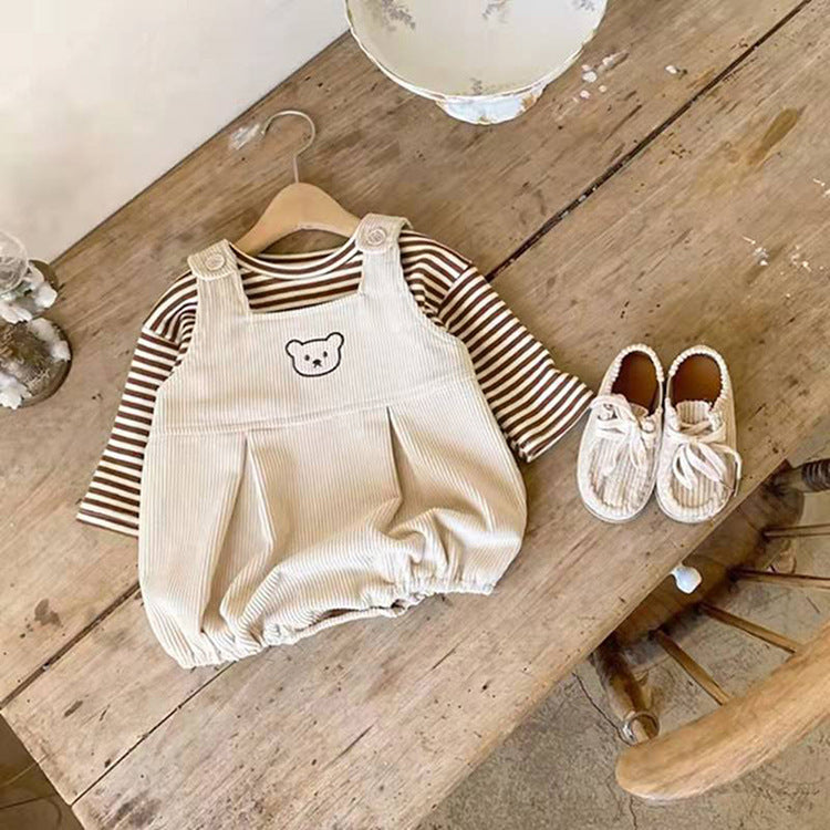 Baby Striped Shirt Combo Corduroy Fabric Cartoon Bear Embroidered Vest Bodysuit 2 Pieces Sets-4