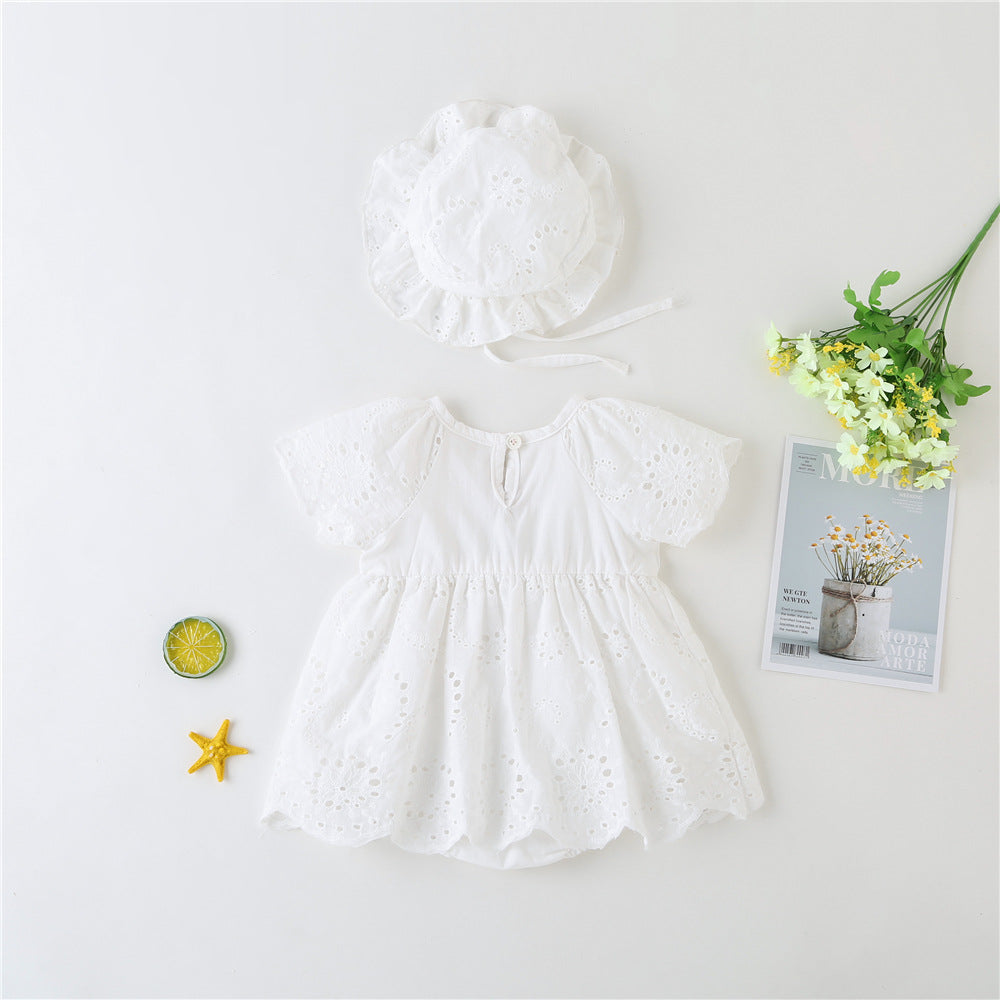 Baby Girl 1pcs Solid Color Hollow Carved Design Bow Onesies Dress-4