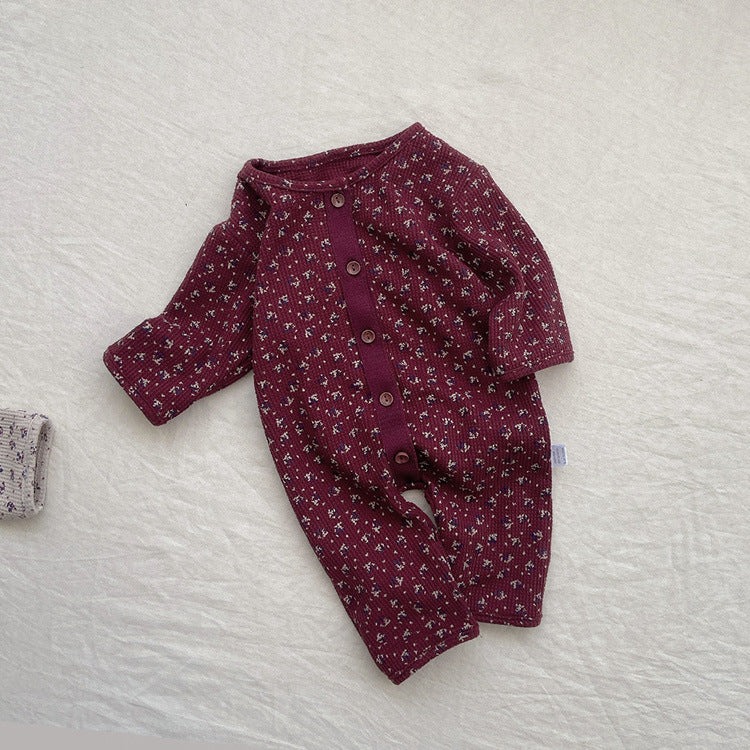 Baby Ditsy Flower Pattern Full Button Design Waffle Knit Rompers-3