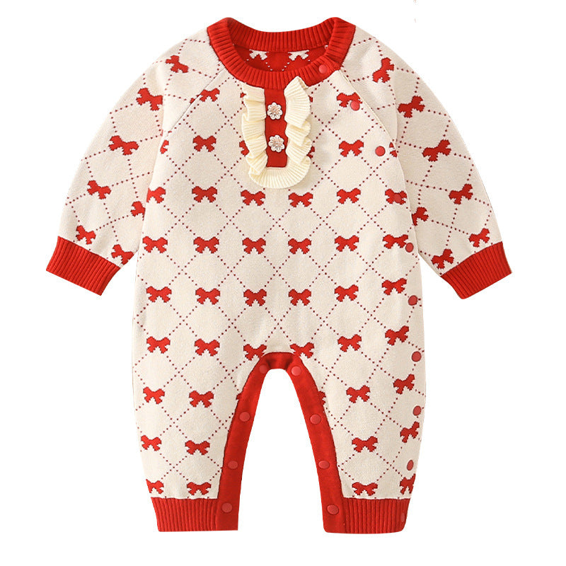 Baby Girl Embroidered Pattern Knitted Autumn Romper-3