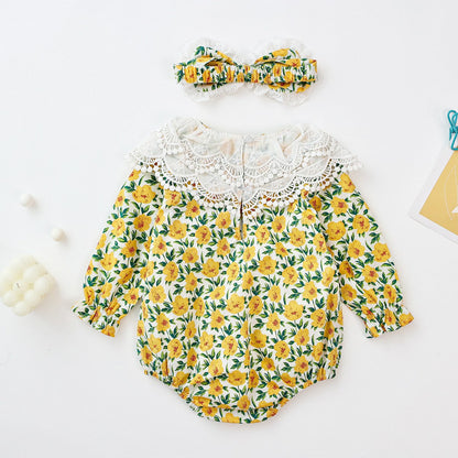 Baby Girl Flower Pattern Labeled Collar Design Long Sleeve Bodysuit-4