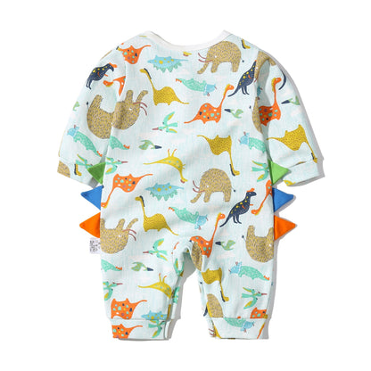 Baby Boy Dinosaur Pattern Bow Tie Patched Design Snap Button Romper Jumpsuit-4