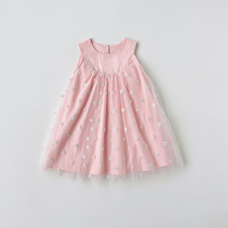 New Design Summer Kids Girls Sleeveless Rose Embroidery Mesh Dress-4