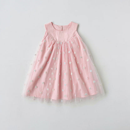 New Design Summer Kids Girls Sleeveless Rose Embroidery Mesh Dress-4