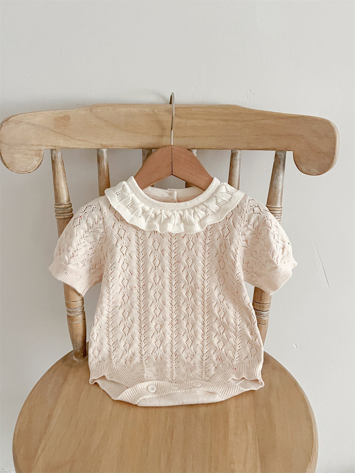 New Arrival Summer Baby Kids Girls Knitted Ruffled Collar Hollow Out Short Sleeves Onesies-2