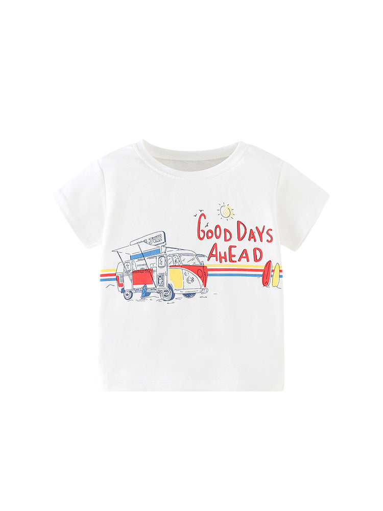 Boys’ Cartoon And Letters Print White T-Shirt In European And American Style-0